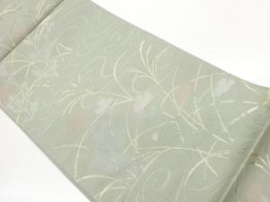 △604mn109△夏帯 紗 幾何学模様 レース くすみ黄緑△美品 着物、アンティーク着物、リサイクル着物のシンエイ